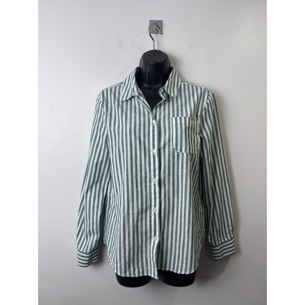 Sezane Women Green Striped Linen Blend Button Down Shirt Size 36 US 4
